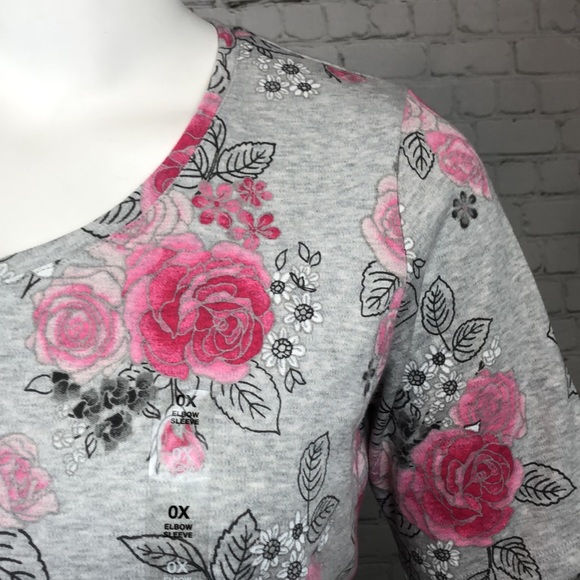 Gray & Pink Rose Print Graphic Tee Plus Size 0X - Picture 5 of 5